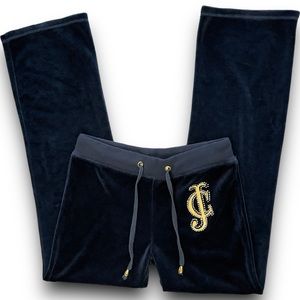 Juicy Couture Velour Track Pants Navy Velvet Bling Front Logo Gold Drawstring M